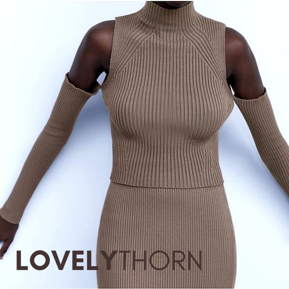 ZARA // mink taupe mock neck cold shoulder cut out sleeve knit sweater top